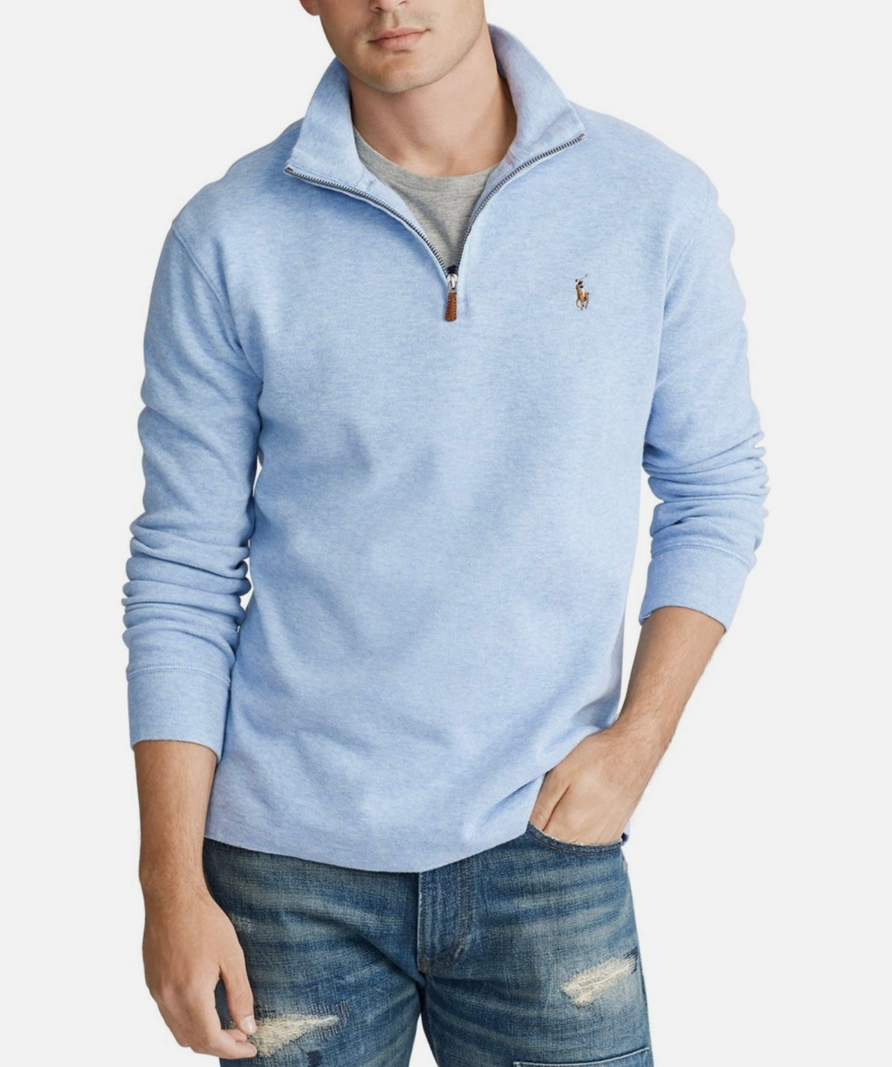 Polo Ralph Lauren 男款經典 Estate-Rib 四分之一拉鍊套頭毛衣 天空藍 美國正品代購直運