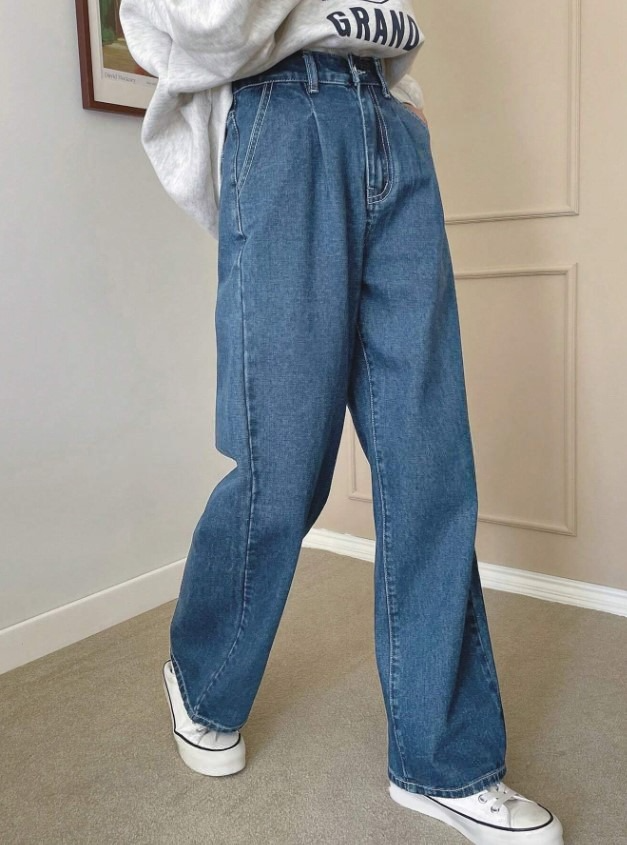 高腰斜口袋牛仔褲 深藍 女款